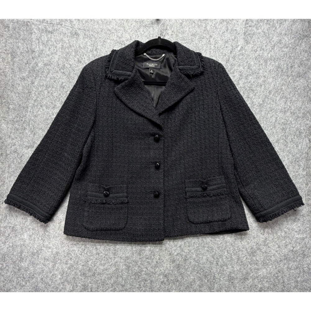 Talbots Womens Black Textured Tweed Fringe Blazer Jacket Beaded Buttons Size 12